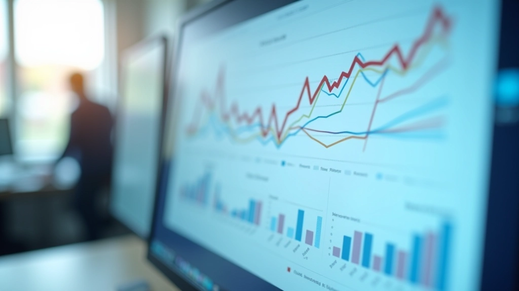 Grafikona na monitoru počítače s růstovými čarami a demografickými daty, jasné grafické znázornění
