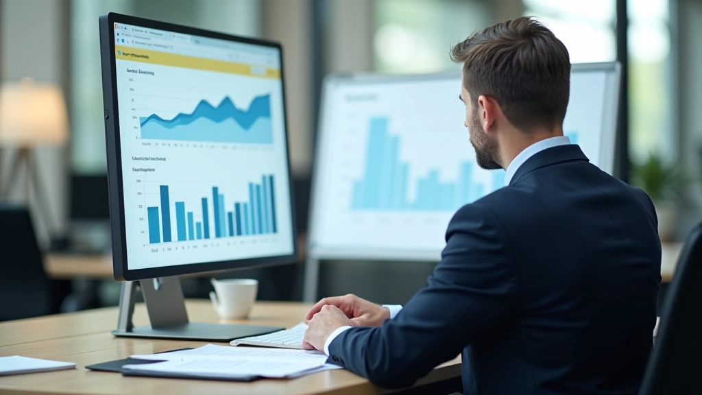 Muž v obleku sedící u stolu s dokumenty a grafem na monitoru