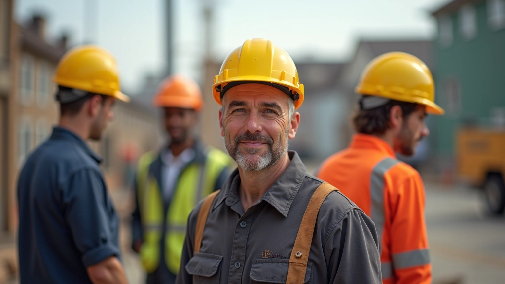 Staveniště s různorodým týmem pracovníků, stavbyvedení a bezpečnostní prvky