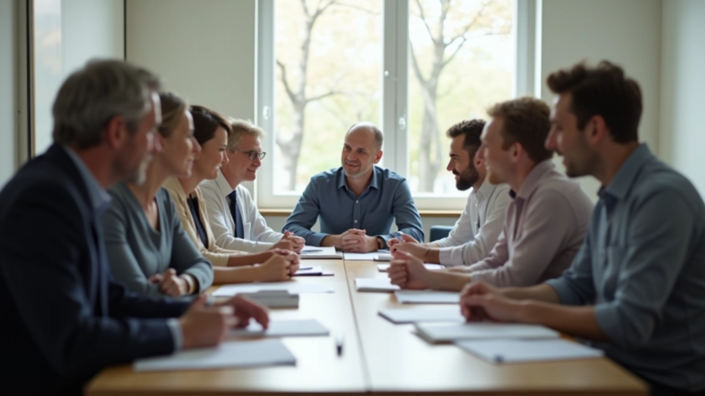 Firemní setkání s účastníky různého věku pracujícími kolem stolu, moderní kancelářské prostředí