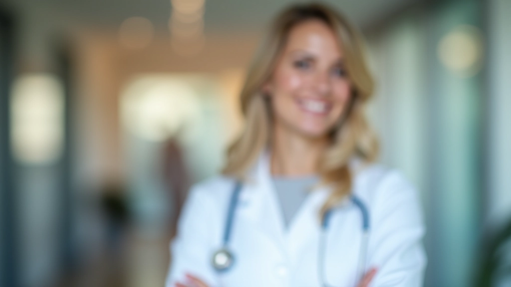 Zdravotnice v bílém plášti s úsměvem, portrét z pasu nahoru, moderní zdravotnické zařízení v pozadí