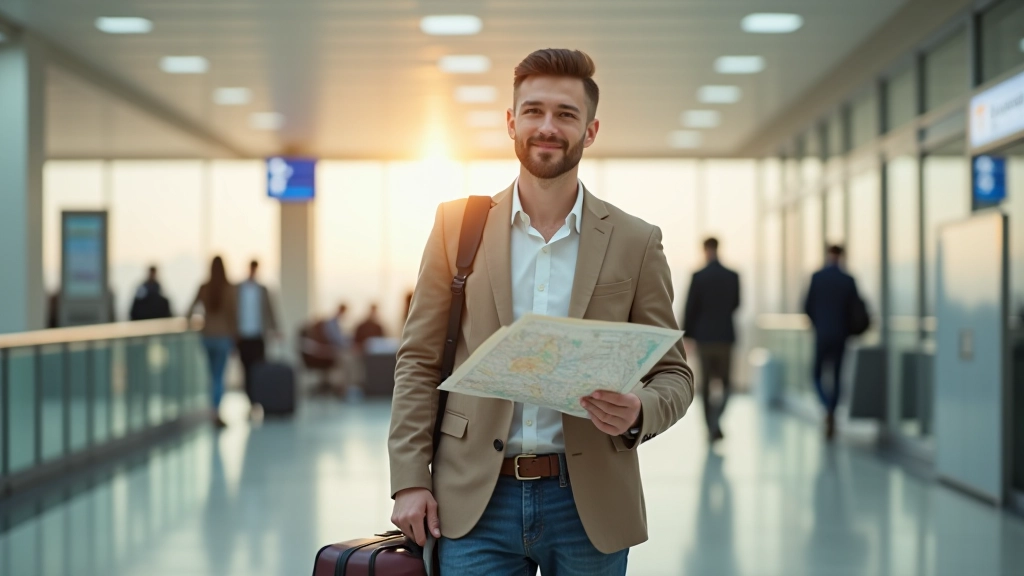 Mladý profesionál s kufrem a mapou, plánování emigrace, moderní vzhled