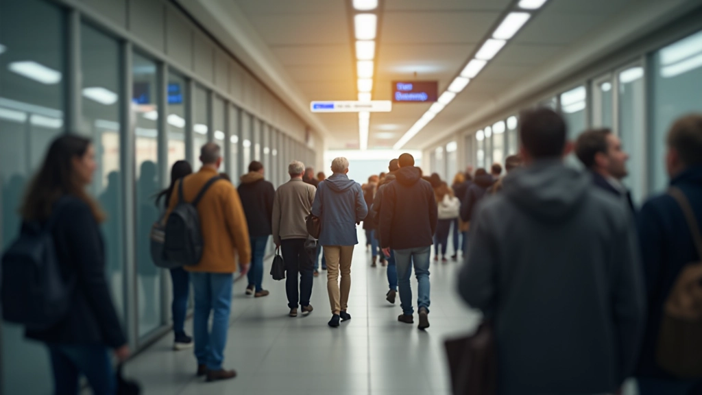 Mezinárodní cestující na letišti s kufrem, dynamická scéna s lidmi v terminálu