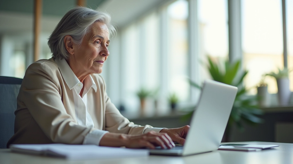 Starší žena na svém pracovním místě u počítače, aktivní senioři
