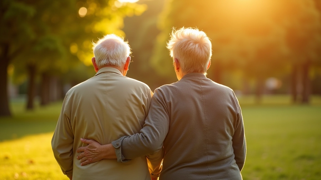 Starší pár se drží za ruce při procházce v přírodě, slunečné odpoledne, věcná atmosféra