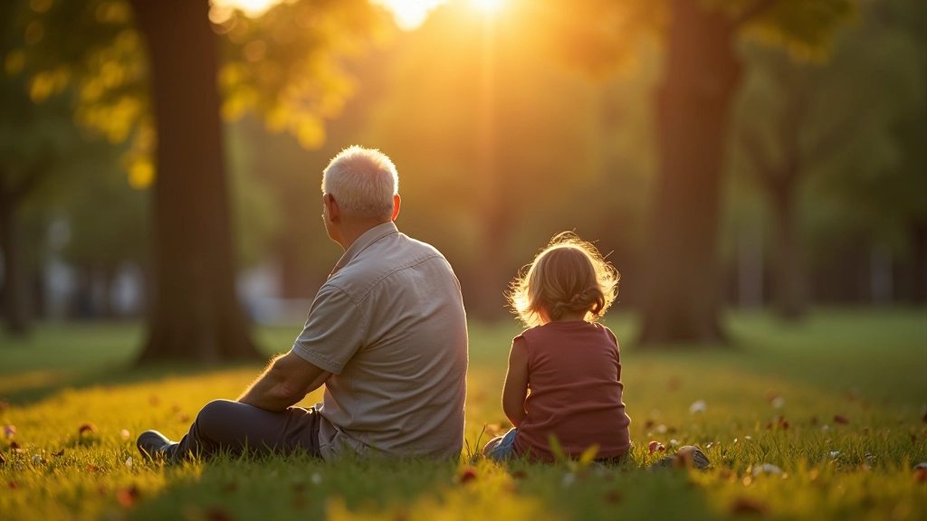 Starší muž a žena sedící v parku s mladším párem v pozadí, slunečný den