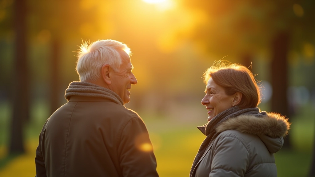 Starší muž a žena sedí venku v parku, slunečné počasí, přátelská atmosféra